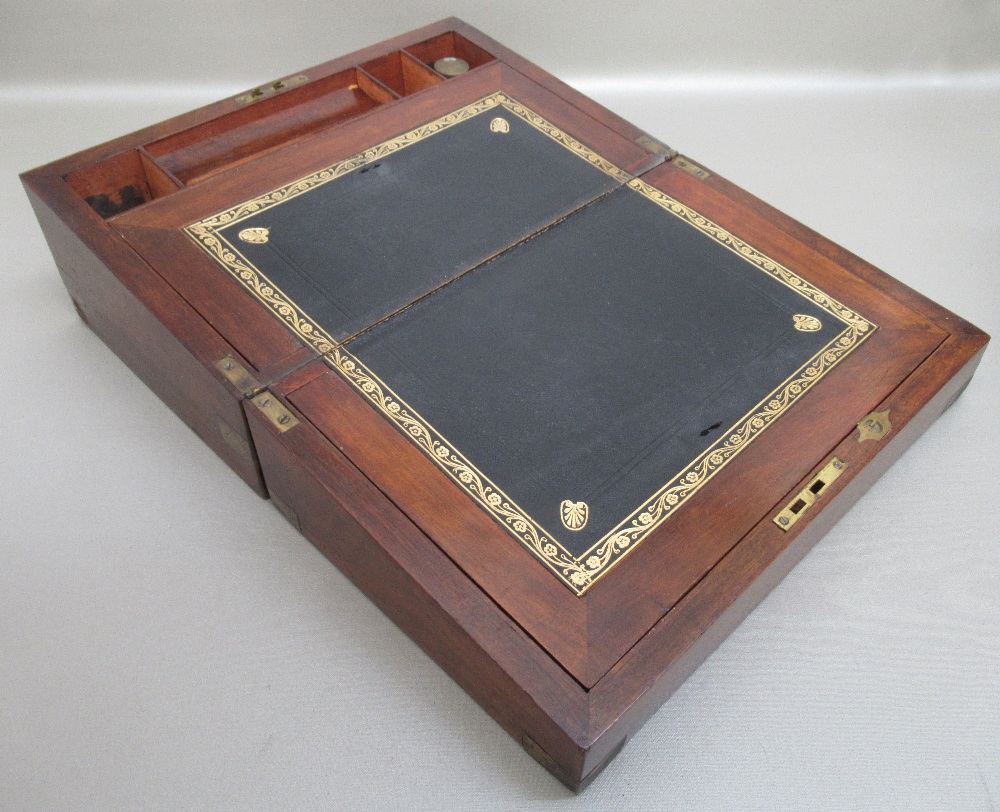 VICTORIAN WALNUT PORTABLE WRITING DESK WITH AN INKWELL (W: 34.7cm) AND A MAHOGANY BRASS BOUND - Image 2 of 10