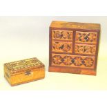 JAPANESE MINIATURE PARQUETRY CHEST WITH FIVE DRAWERS (21cm x 21cm x 9cm) AND A PARQUETRY MONEY