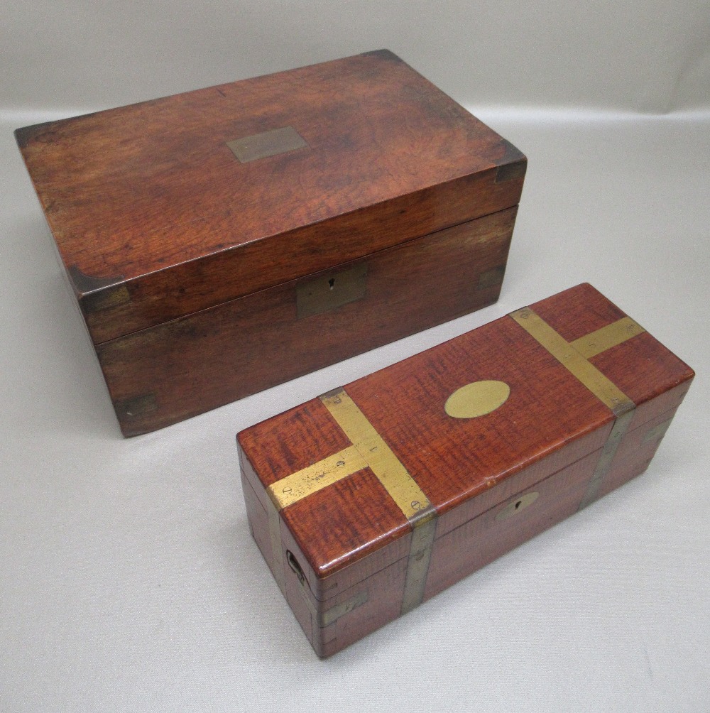 VICTORIAN WALNUT PORTABLE WRITING DESK WITH AN INKWELL (W: 34.7cm) AND A MAHOGANY BRASS BOUND