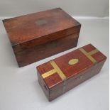 VICTORIAN WALNUT PORTABLE WRITING DESK WITH AN INKWELL (W: 34.7cm) AND A MAHOGANY BRASS BOUND