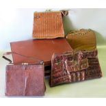 CROCODILE HANDBAG (W: 39cm OVERALL), LIZZARD HANDBAG AND TWO OTHER HANDBAGS AND A LEATHER VANITY