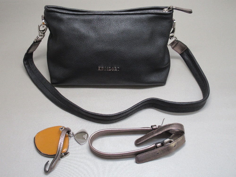 KESSLORD BLACK LEATHER HAND/SHOULDER BAG WITH SILVER HAND STRAP, PURSE, W: 37cm AND DUST BAG [4]