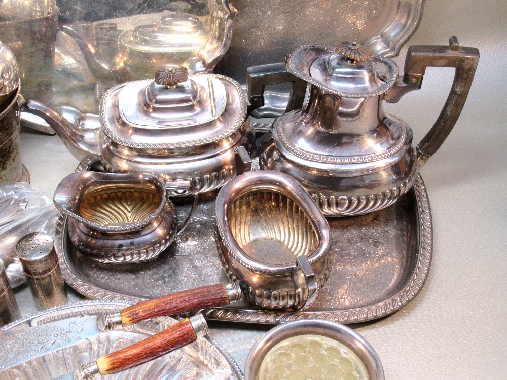 SILVER PLATED SEMI-FLUTED THREE PIECE TEASET, THREE TRAYS, SALVER, PLATED CUTLERY AND OTHER ITEMS [A - Image 3 of 4