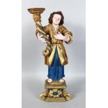 18th CENTURY ITALIAN CARVED WOOD PAINTED AND GILDED STAND AND FIGURE HOLDING A CORNUCOPIA VASE (H: