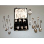 SET OF SIX SILVER FANCY HANDLED COFFEE SPOONS BY ASP Co., SHEFFIELD 1963, CASED, FOUR EDWARDIAN