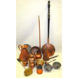 VICTORIAN COPPER ONE GALLON MEASURE, JUG, CHESTNUT ROASTER, SCALES, PEWTER PLATE AND OTHER ITEMS [