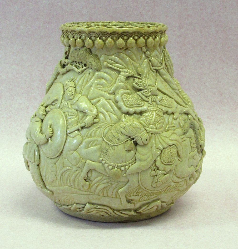 LATE 19th CENTURY CHINESE PORCELAIN BALUSTER VASE DECORATED ALL-OVER WITH WARRIORS, HORSES AND TREES