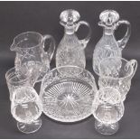 PAIR OF WATERFORD BRANDY GLASSES, EACH WITH CUT LATTICE AND SPIKE (H: 13cm), A STUART CUT JUG,