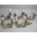 SET OF FIVE GILT BRASS WALL LIGHTS EACH WITH TWO SCROLLING FLORAL BRANCHES WITH GLASS BEAD AND