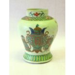 LATE 19th CENTURY CHINESE CRACKLEWARE PORCELAIN BALUSTER VASE PAINTED WITH RED AND GREEN VESSELS AND