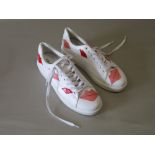 PRADA LADY'S LIP-APPLIQUÉD LEATHER SNEAKERS, MARKED PRADA ON INNER SOLE AND ON CONTRAST STRIP ON