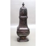 SILVER SQUARE BALUSTER SUGAR CASTER WITH A PIERCED DOMED COVER, ON A STEPPED FOOT, BY ADIE