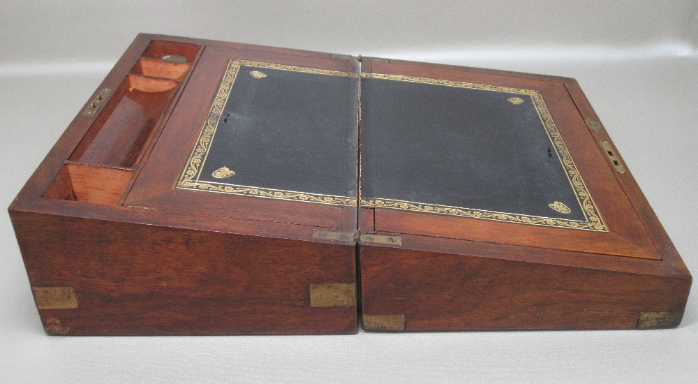 VICTORIAN WALNUT PORTABLE WRITING DESK WITH AN INKWELL (W: 34.7cm) AND A MAHOGANY BRASS BOUND - Image 3 of 10