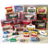 DIECAST MODELS OF TRAMS, BUSES, CARS AND OTHER MODELS INCLUDING TRAINS, SOME BOXED, A HANGING
