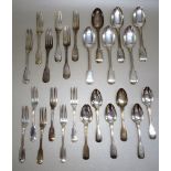 SIX VICTORIAN SILVER FIDDLE AND THREAD PATTERN TABLE FORKS, SIX TABLE SPOONS, SIX DESSERT FORKS