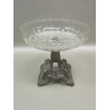 FRENCH SAMARITAINE GLASS BOWL ON PIERCED PEWTER STAND (DIA: 19.5cm), TWO OTHER BOWLS ON METAL