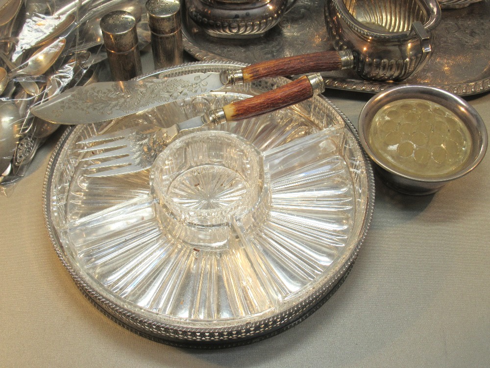 SILVER PLATED SEMI-FLUTED THREE PIECE TEASET, THREE TRAYS, SALVER, PLATED CUTLERY AND OTHER ITEMS [A - Image 2 of 4