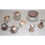 SILVER BALUSTER THREE PIECE CRUET BY J GLOSTER LTD., BIRMINGHAM 1943, 3 OTHER CRUETS AND A SPOON (