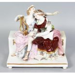 LARGE CONTINENTAL PORCELAIN GROUP OF A CLASSIC WOMAN AND YOUNG GIRL HOLDING A LYRE AND SITTING ON