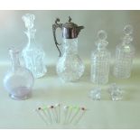 CUT GLASS CLARET JUG WITH PLATED MOUNT AND HINGED COVER (H: 30cm), FOUR CUT DECANTERS AND 10