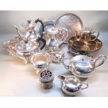 SILVER PLATED SEMI-FLUTED AND GADROONED FOUR PIECE TEA AND COFFEE SET AND OTHER PLATED ITEMS [15]