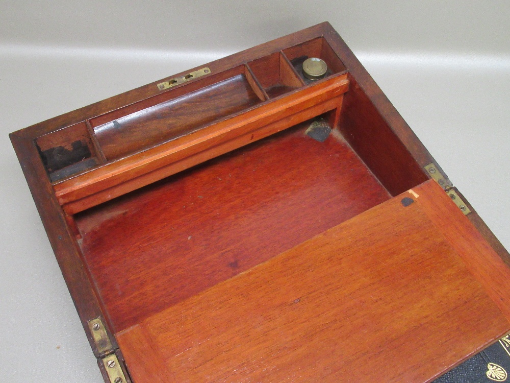 VICTORIAN WALNUT PORTABLE WRITING DESK WITH AN INKWELL (W: 34.7cm) AND A MAHOGANY BRASS BOUND - Image 4 of 10
