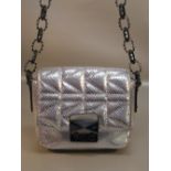 KARL LAGERFELD SILVER QUILTED LEATHER SHOULDER BAG WITH METAL LINK AND LEATHER HANDLE, W: 19cm AND