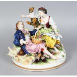 CAPODIMONTE PORCELAIN GROUP OF A YOUNG MAN AND GIRL RESTING BESIDE A TREE STUMP, ON AN OVAL BASE (H: