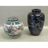 CHINESE STONEWARE BALUSTER VASE PAINTED WITH FIGURES AND FLOWERING TREES, ON A CIRCULAR BASE, SIGNED