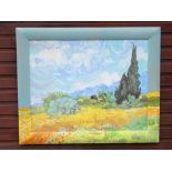 AFTER VAN GOGH, LANDSCAPE IN A PAINTED FRAME, COLOUR PRINT (94.5cm x 115.5cm OVERALL)