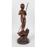 GIOVANNI DE MARTINO (1870-193) ITALIAN "FISHING BOY" BRONZE, SIGNED (H: 48.2cm)