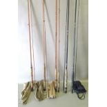 THE "MU LEE" SPLIT CANE TWO PIECE FISHING ROD (L: 256cm), THREE OTHER SPLIT CANE RODS, GLASS