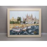 ANDRE BUFI, MEDITERRANEAN SCENE, SAILING BOATS WITH CATHEDRAL IN THE DISTANCE, MIXED MEDIA (36cm x