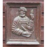 CONTINENTAL CARVED OAK PANEL OF ST. AUGUSTIN (32.1cm x 26.9cm), TWO ILLUMINATED WALL APPLIQUES AND A