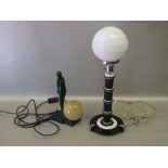 ART DECO STYLE BLACK AND WHITE PLASTIC TABLELAMP WITH A SPHERICAL RIBBED MILK GLASS SHADE (H: