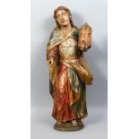 17th-18th CENTURY ITALIAN CARVED WOOD FIGURE HOLDING A CASTLE (H: 63.5cm)