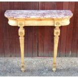 19th CENTURY CONTINENTAL PINE CONSOLE TABLE WITH A VEINED MARBLE TOP AND FLORAL APPLIQUES, ON FLUTED