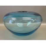 JAMES MASKREY BLUE TINTED GLASS VASE OF COMPRESSED CIRCULAR FORM, SIGNED AND DATED 2008 (23cm x