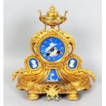 GOOD 19th CENTURY FRENCH GILT ORMOLU MANTLE CLOCK, WITH BLUE PORTRAIT PORCELAIN PANELS AND DIAL,