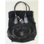 UNUSUAL PRADA BLACK SHEARLING HANDBAG WITH SHEEPSKIN TRIM, TWO WAY SHOULDER TOTE BAG, JACQUARD WOVEN