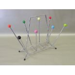 RETRO CHROMIUM PLATED MAGAZINE RACK WITH COLOURED POLYCHROME SPHERICAL FINIALS (35.2cm x 44cm x