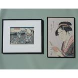 KUNISADA, TWO FIGURES IN A LANDSCAPE, BUILDING AND MOUNT FUJI BEYOND, SIGNED 1860's, COLOUR