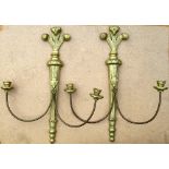 PAIR OF BRASS TWO BRANCH CANDLE WALL LIGHTS EACH WITH A TAPERING BACKPLATE AND PRINCE OF WALES'