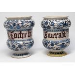 19TH CENTURY ITALIAN TIN GLAZED DRUG JAR WITH INSCRIPTION AND BLUE AND WHITE BIRD AND FLORAL