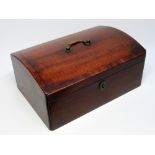 A GEORGIAN MAHOGANY DOMED BOX WITH A BRASS SWAN NECK CARRYING HANDLE (H. 14.5 CM, W. 33 CM, D. 23