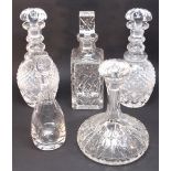 PAIR OF GEORGIAN STYLE CUT GLASS DECANTERS EACH WITH A TRIPLE RING NECK AND MUSHROOM STOPPER (H.