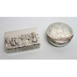 A SILVER GILT SNUFF BOX, THE COVER EMBOSSED WITH FIGURES AND TREES, WITH BASKETWEAVE SIDES, GILT