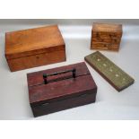 A VICTORIAN PORTABLE DESK SET BOX WITH A DRAWER AND DOUBLE HINGED LIDS REVEALING FOUR