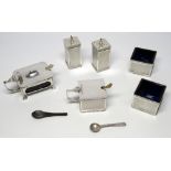 SILVER SQUARE SECTION FIVE PIECE CRUET EACH WITH ENGINE TURNED DECORATION, RIBBON AND FOLIATE BORDER