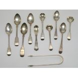 TWO GEORGE III SILVER BRIGHT CUT TEASPOONS, FOUR VICTORIAN TEASPOONS, TWO SALT SPOONS, TWO MUSTARD